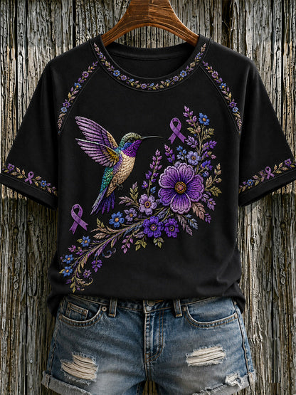 Camiseta de apoyo para la concienciación sobre el Alzheimer, con estampado floral púrpura y colibríes para mujer