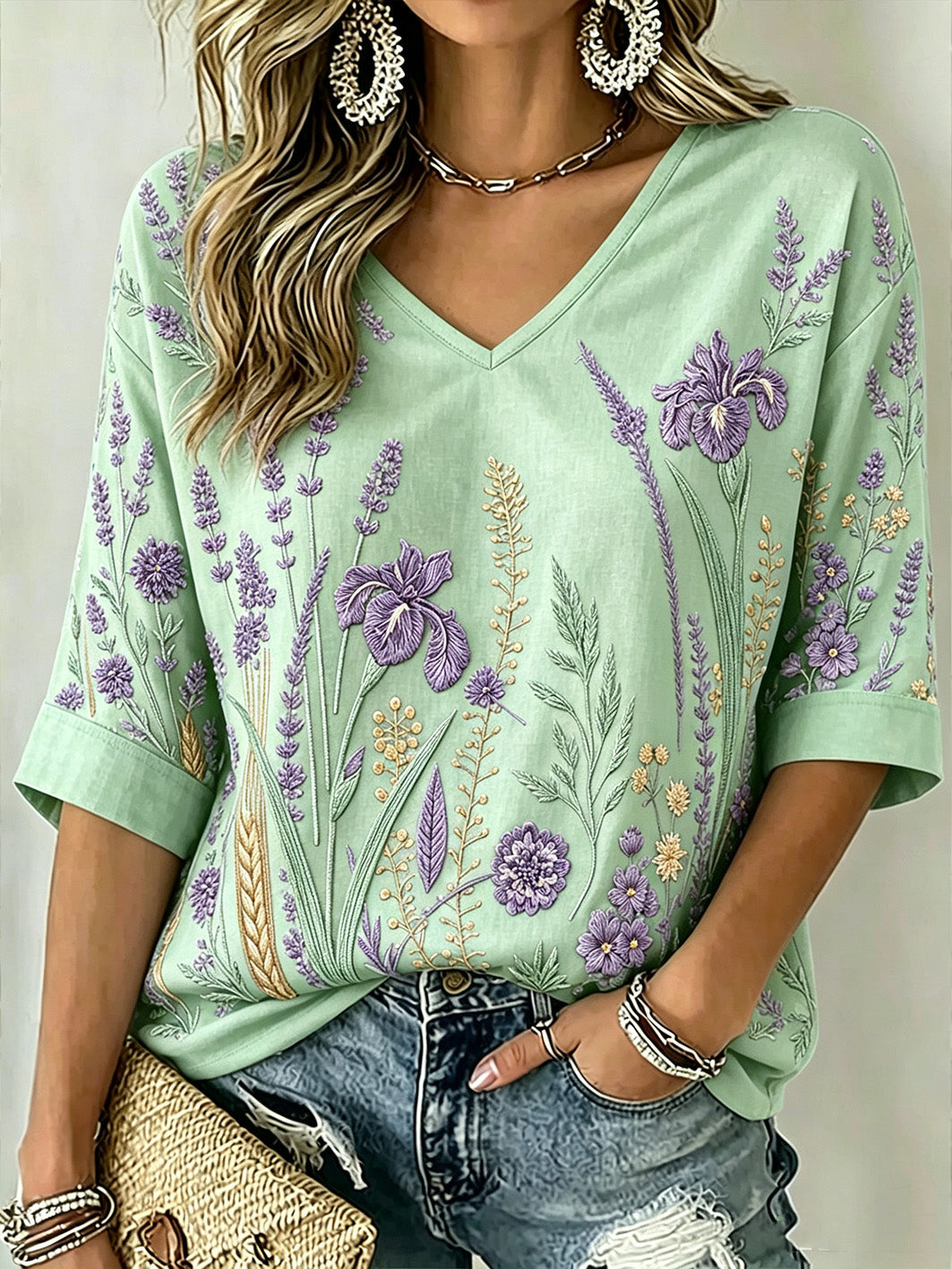 Patrón de la planta púrpura de las mujeres impreso de mediados de-longitud mangas con cuello en V camiseta