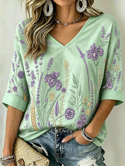 Patrón de la planta púrpura de las mujeres impreso de mediados de-longitud mangas con cuello en V camiseta
