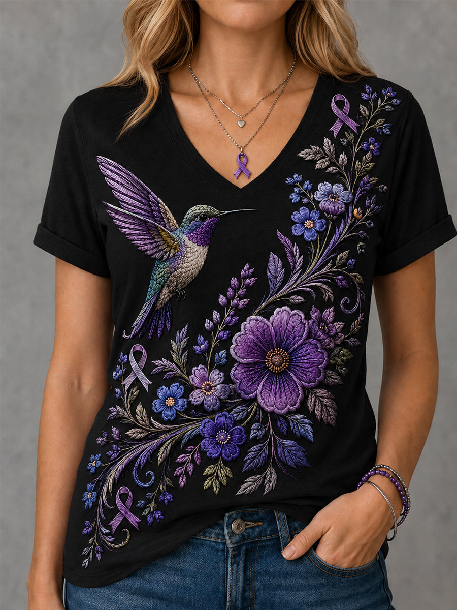 Mujer Púrpura Floral & Hummingbird Print Alzheimer's Awareness Support V-Neck Tee