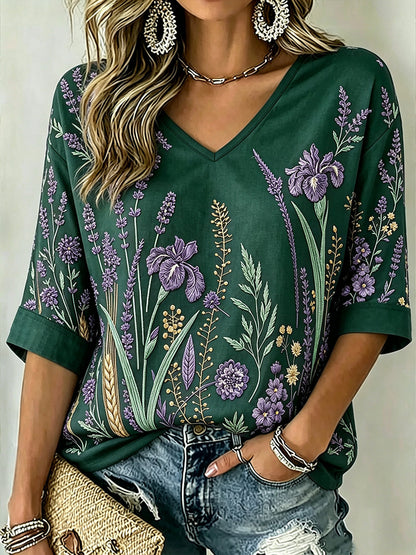 Patrón de la planta púrpura de las mujeres impreso de mediados de-longitud mangas con cuello en V camiseta