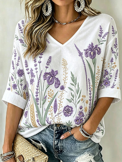 Patrón de la planta púrpura de las mujeres impreso de mediados de-longitud mangas con cuello en V camiseta