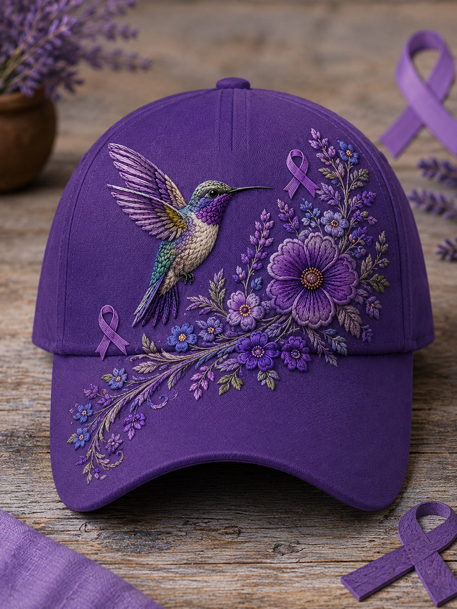 Gorro unisex de apoyo para la concienciación sobre la enfermedad de Alzheimer, con estampado floral púrpura y colibríes