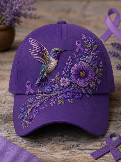 Gorro unisex de apoyo para la concienciación sobre la enfermedad de Alzheimer, con estampado floral púrpura y colibríes