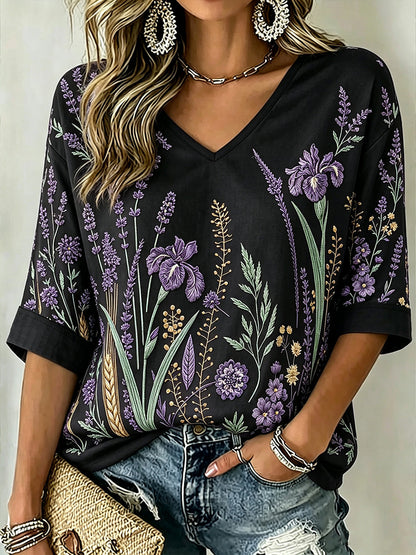 Patrón de la planta púrpura de las mujeres impreso de mediados de-longitud mangas con cuello en V camiseta
