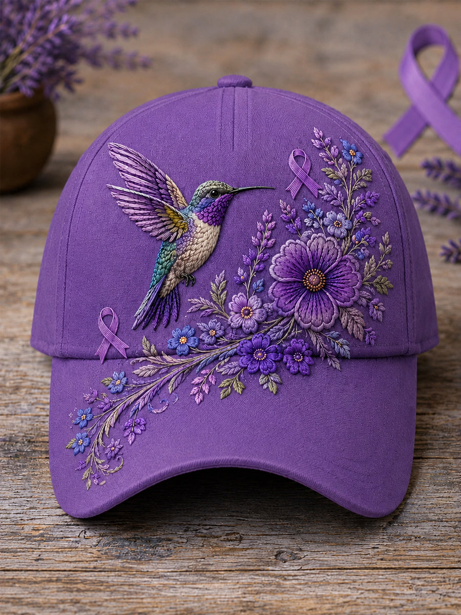 Gorro unisex de apoyo para la concienciación sobre la enfermedad de Alzheimer, con estampado floral púrpura y colibríes