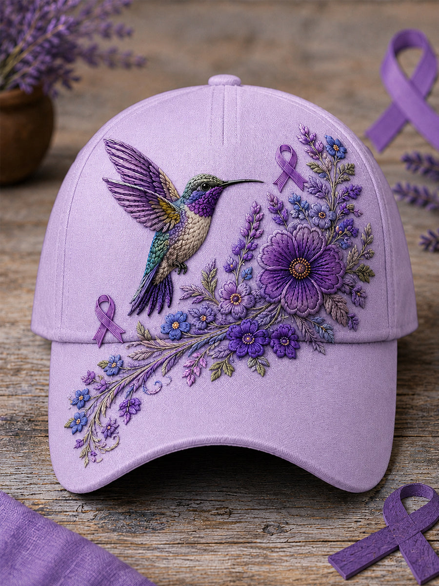 Gorro unisex de apoyo para la concienciación sobre la enfermedad de Alzheimer, con estampado floral púrpura y colibríes