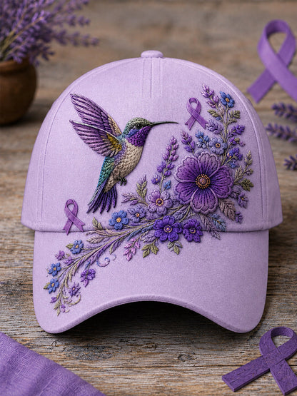 Gorro unisex de apoyo para la concienciación sobre la enfermedad de Alzheimer, con estampado floral púrpura y colibríes