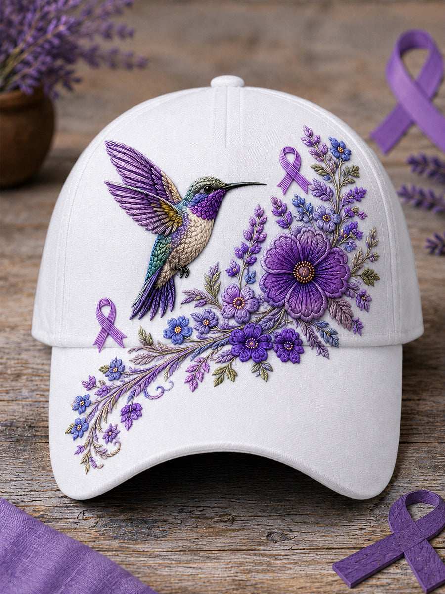 Gorro unisex de apoyo para la concienciación sobre la enfermedad de Alzheimer, con estampado floral púrpura y colibríes