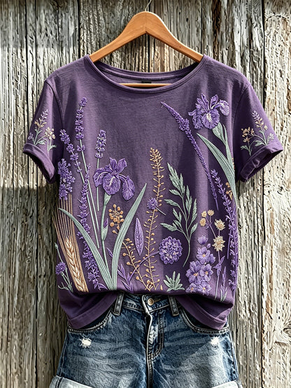 El patrón púrpura de la flor de la planta de las mujeres imprimió la camiseta ocasional