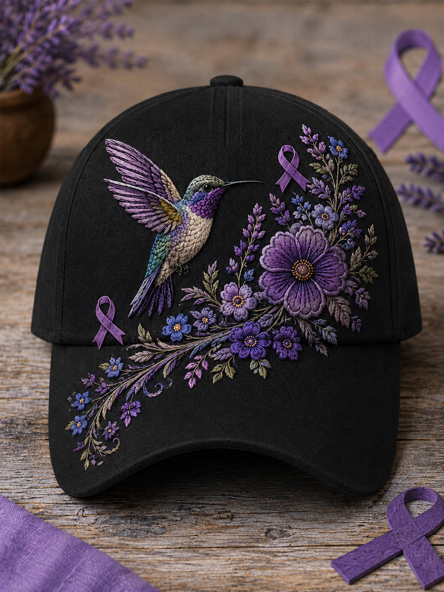 Gorro unisex de apoyo para la concienciación sobre la enfermedad de Alzheimer, con estampado floral púrpura y colibríes