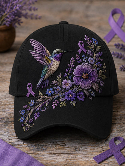 Gorro unisex de apoyo para la concienciación sobre la enfermedad de Alzheimer, con estampado floral púrpura y colibríes