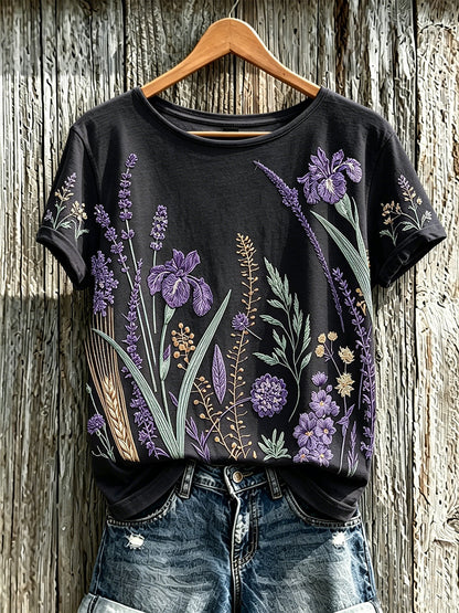 El patrón púrpura de la flor de la planta de las mujeres imprimió la camiseta ocasional