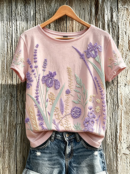 El patrón púrpura de la flor de la planta de las mujeres imprimió la camiseta ocasional