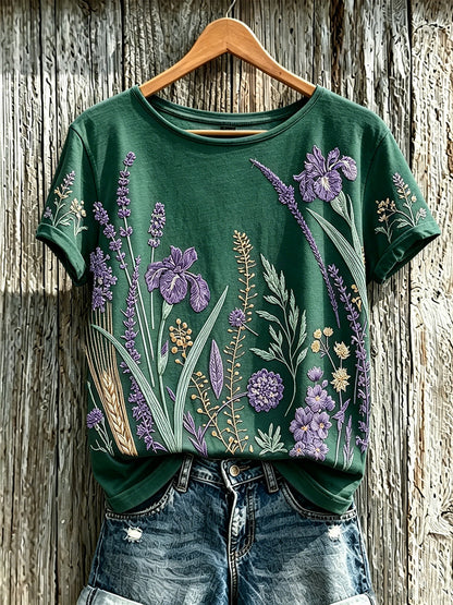 El patrón púrpura de la flor de la planta de las mujeres imprimió la camiseta ocasional