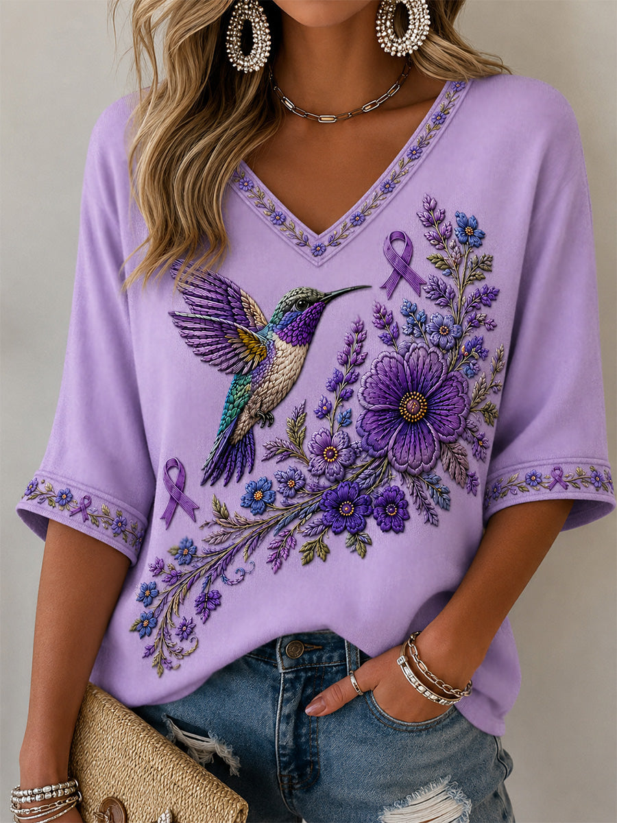Camiseta de apoyo a la concienciación sobre el Alzheimer, para mujer, con estampado floral púrpura y colibríes, cuello en V