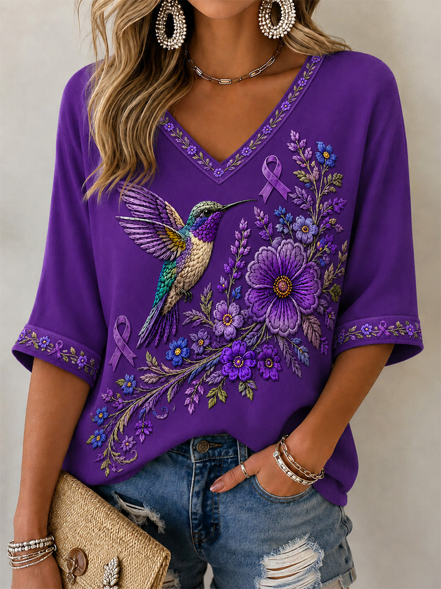 Camiseta de apoyo a la concienciación sobre el Alzheimer, para mujer, con estampado floral púrpura y colibríes, cuello en V