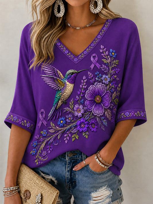 Camiseta de apoyo a la concienciación sobre el Alzheimer, para mujer, con estampado floral púrpura y colibríes, cuello en V