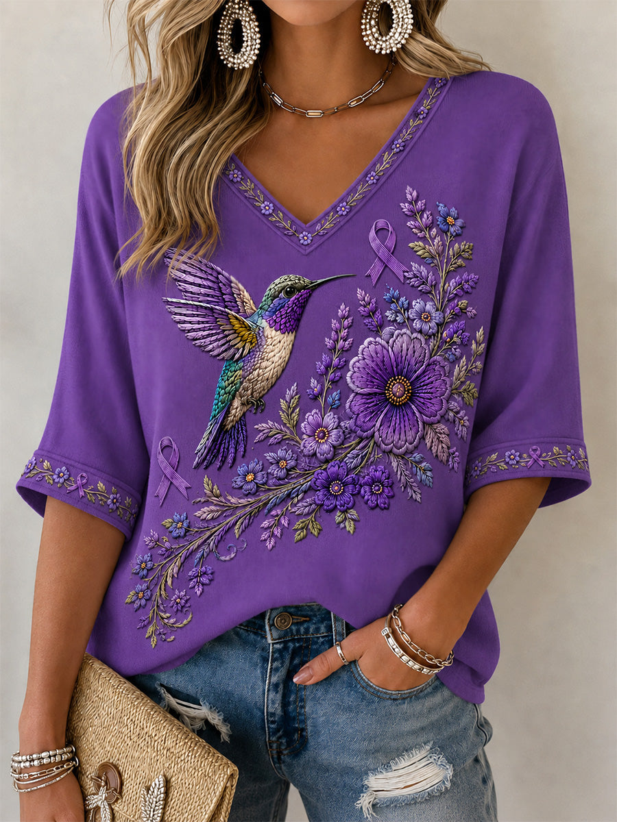Camiseta de apoyo a la concienciación sobre el Alzheimer, para mujer, con estampado floral púrpura y colibríes, cuello en V