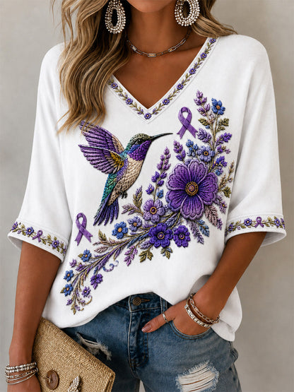 Camiseta de apoyo a la concienciación sobre el Alzheimer, para mujer, con estampado floral púrpura y colibríes, cuello en V