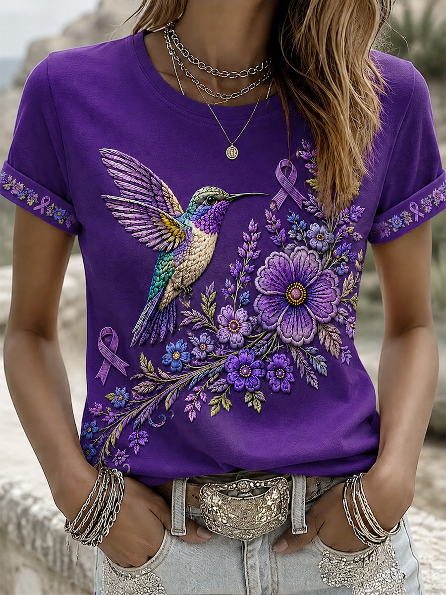 Camiseta de apoyo para la concienciación sobre el Alzheimer, con estampado floral púrpura y colibríes para mujer