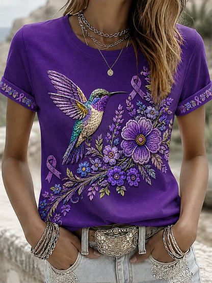 Camiseta de apoyo para la concienciación sobre el Alzheimer, con estampado floral púrpura y colibríes para mujer