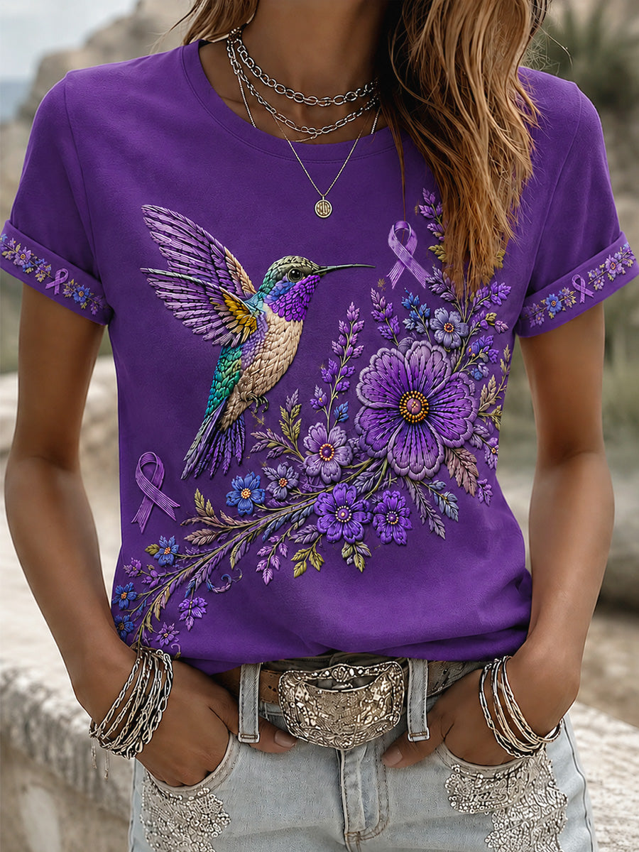 Camiseta de apoyo para la concienciación sobre el Alzheimer, con estampado floral púrpura y colibríes para mujer