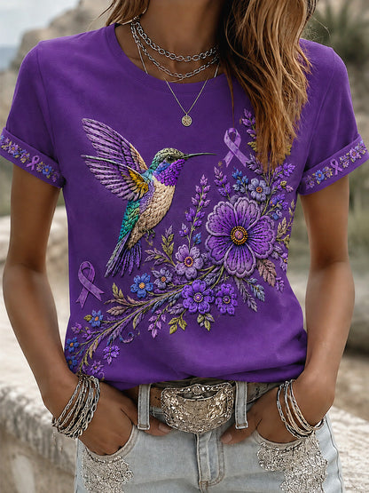 Camiseta de apoyo para la concienciación sobre el Alzheimer, con estampado floral púrpura y colibríes para mujer
