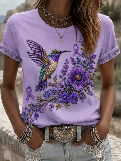 Camiseta de apoyo para la concienciación sobre el Alzheimer, con estampado floral púrpura y colibríes para mujer