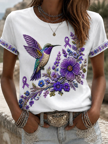 Camiseta de apoyo para la concienciación sobre el Alzheimer, con estampado floral púrpura y colibríes para mujer