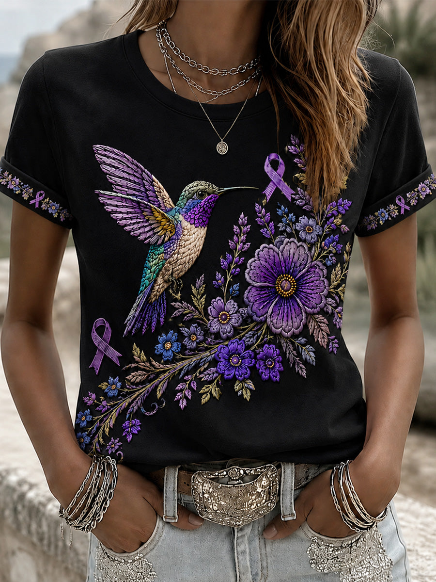 Camiseta de apoyo para la concienciación sobre el Alzheimer, con estampado floral púrpura y colibríes para mujer