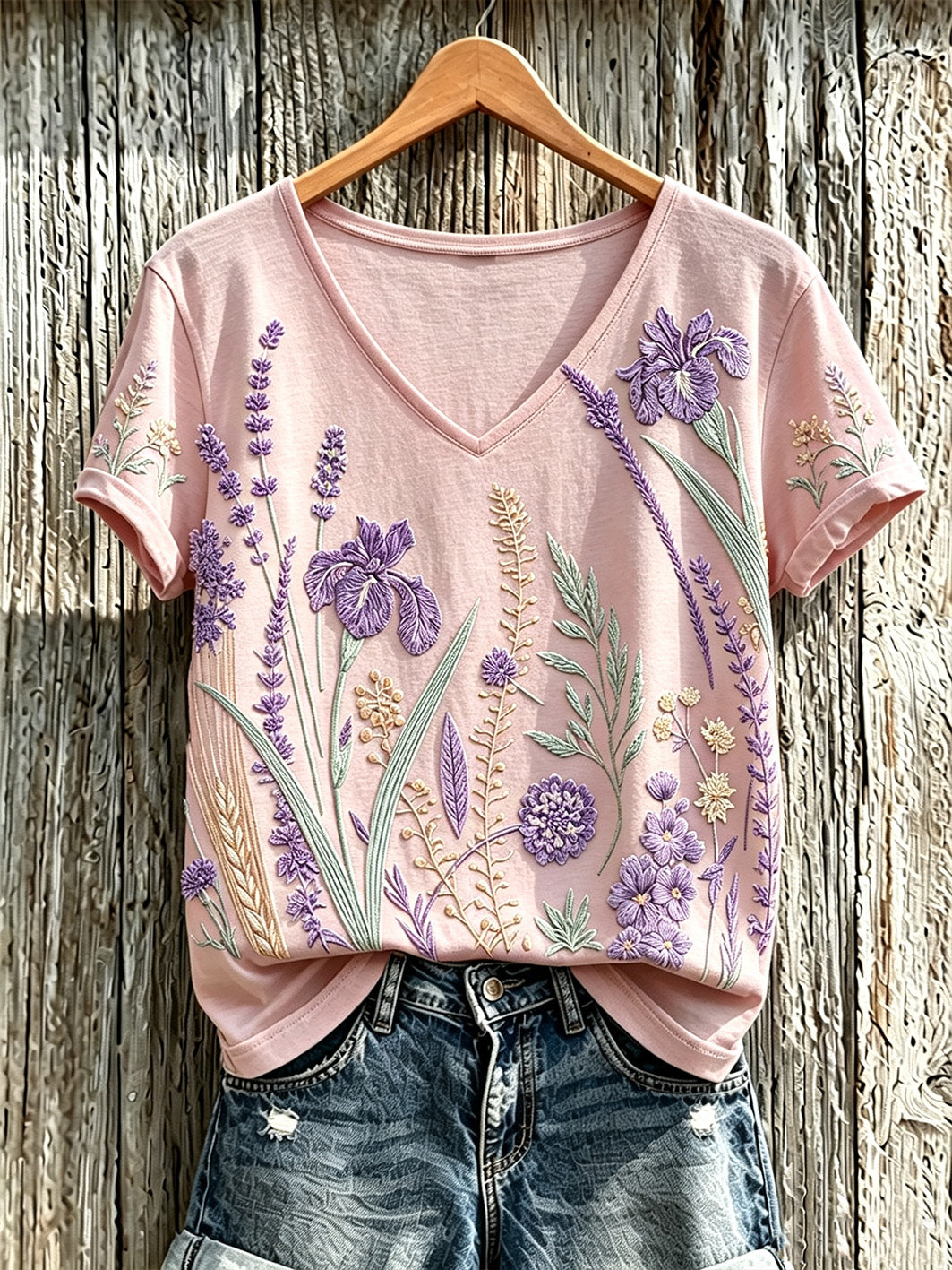 Camiseta casual para mujer con estampado de flores y plantas en color púrpura