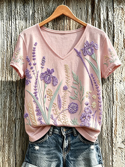 Camiseta casual para mujer con estampado de flores y plantas en color púrpura