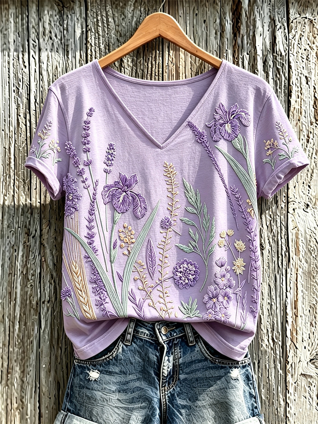 Camiseta casual para mujer con estampado de flores y plantas en color púrpura