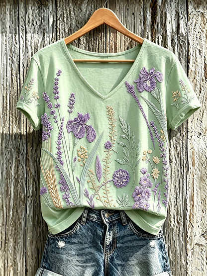 Camiseta casual para mujer con estampado de flores y plantas en color púrpura