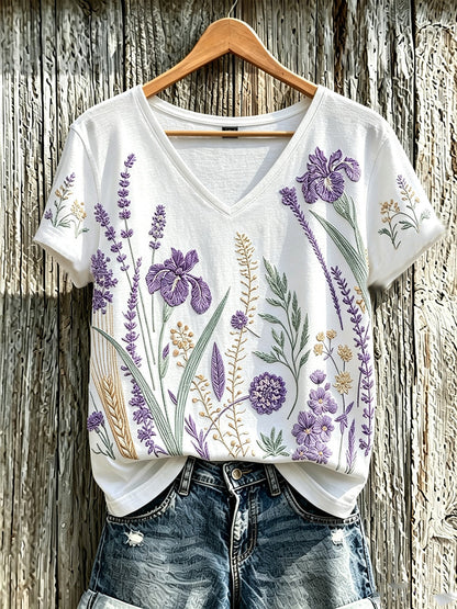 Camiseta casual para mujer con estampado de flores y plantas en color púrpura