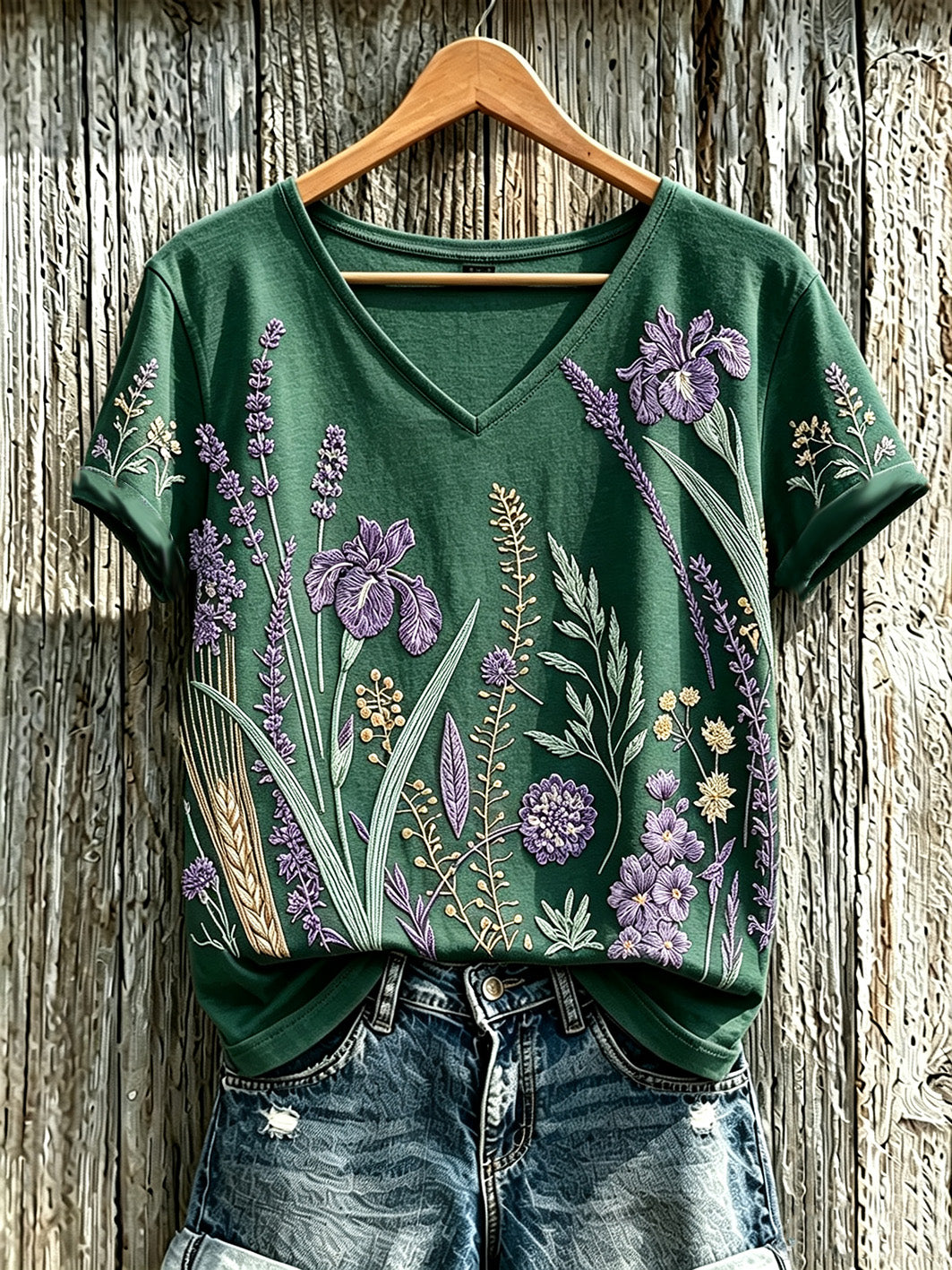 Camiseta casual para mujer con estampado de flores y plantas en color púrpura