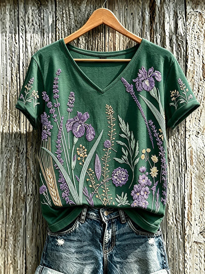 Camiseta casual para mujer con estampado de flores y plantas en color púrpura