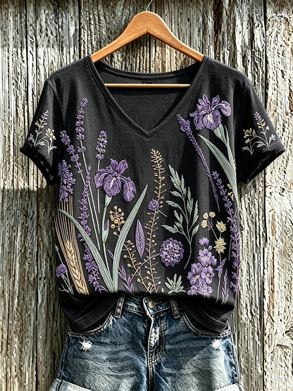 Camiseta casual para mujer con estampado de flores y plantas en color púrpura