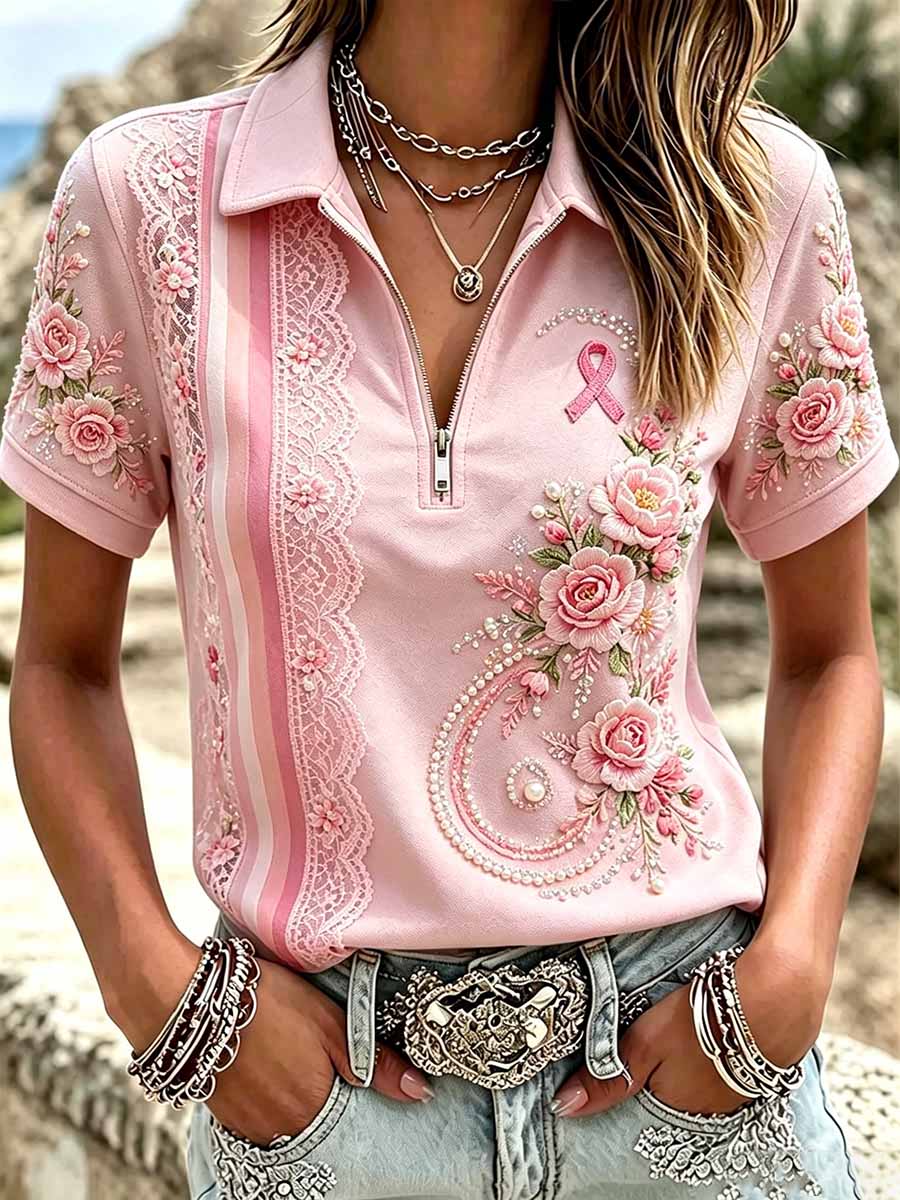 Camiseta de moda para mujer con estampado floral con motivo de concienciación sobre el cáncer de mama