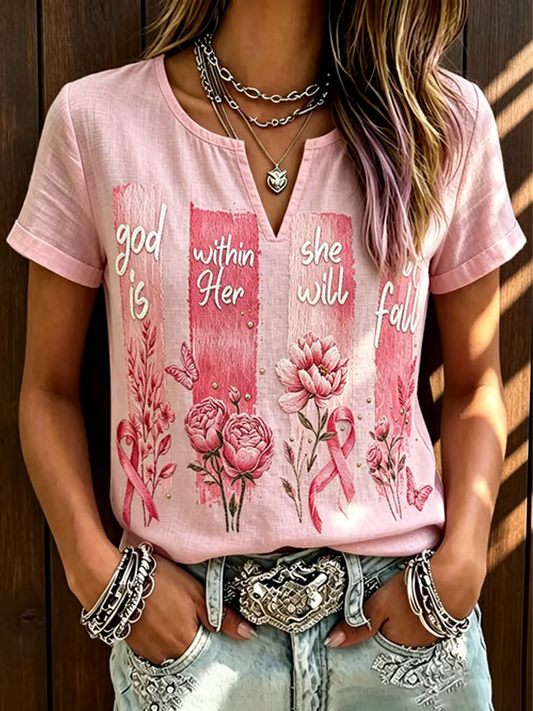 La conciencia del cáncer de mama de las mujeres imprimió la camisa de lino de algodón