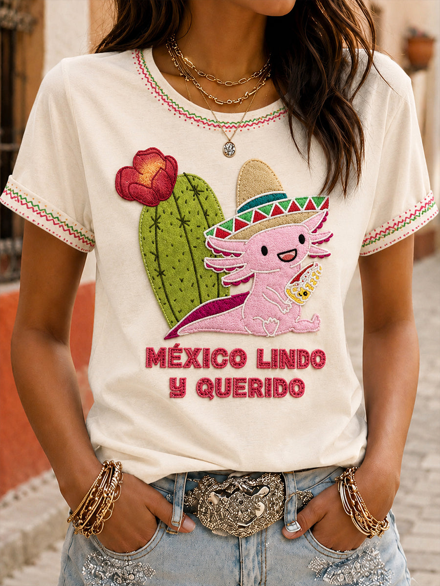 Camiseta estampada con arte de la muñeca Lele mexicana Guelaguetza para mujer