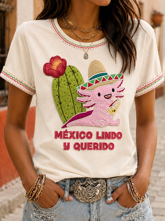 Camiseta estampada con arte de la muñeca Lele mexicana Guelaguetza para mujer