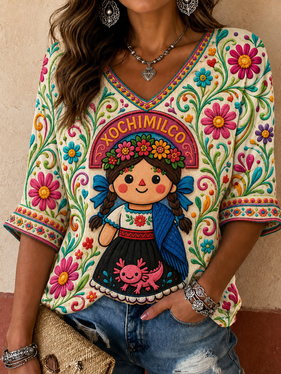 Camiseta estampada con arte de la muñeca Lele mexicana Guelaguetza para mujer