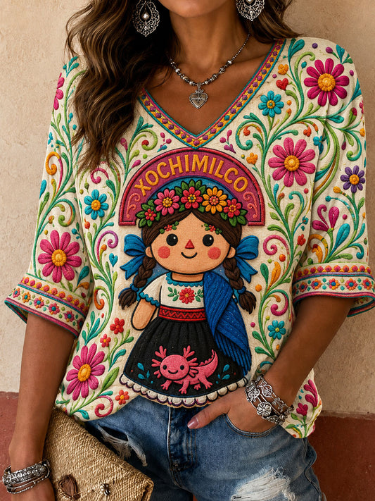 Camiseta estampada con arte de la muñeca Lele mexicana Guelaguetza para mujer