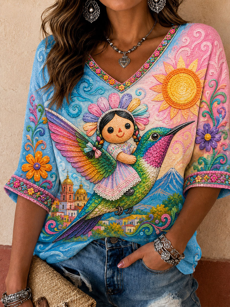 Camiseta estampada con arte de la muñeca Lele mexicana Guelaguetza para mujer