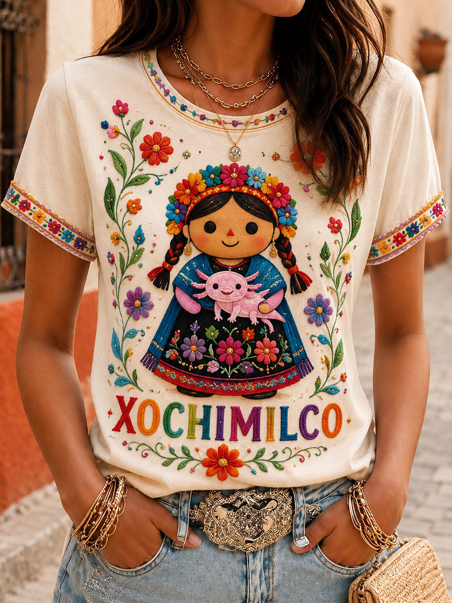 Camiseta estampada con arte de la muñeca Lele mexicana Guelaguetza para mujer