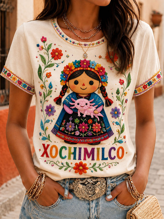 Camiseta estampada con arte de la muñeca Lele mexicana Guelaguetza para mujer