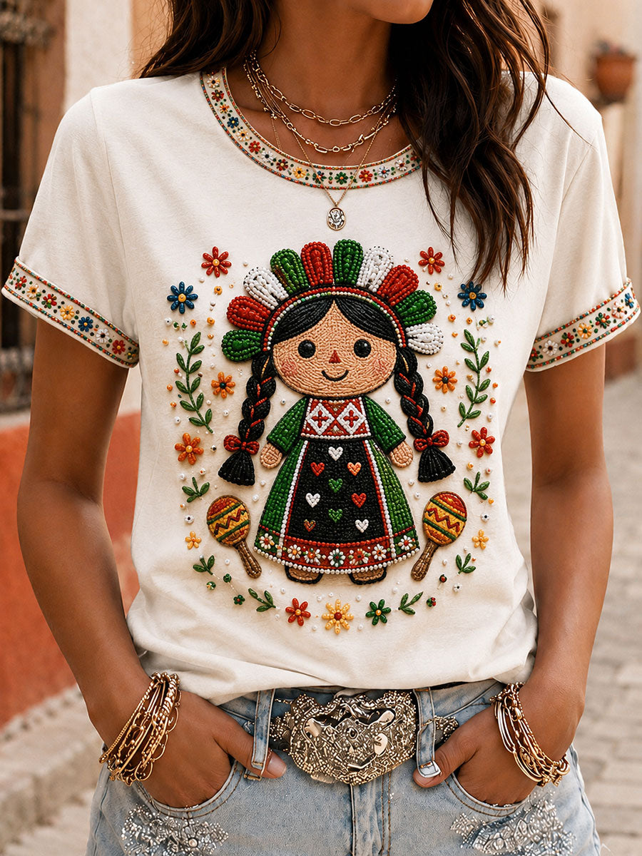 Camiseta estampada con arte de la muñeca Lele mexicana Guelaguetza para mujer