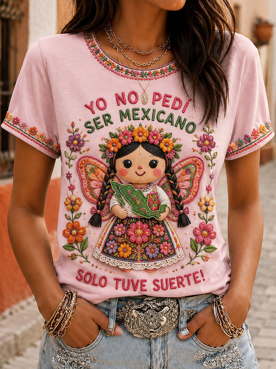 Camiseta estampada con arte de la muñeca Lele mexicana Guelaguetza para mujer
